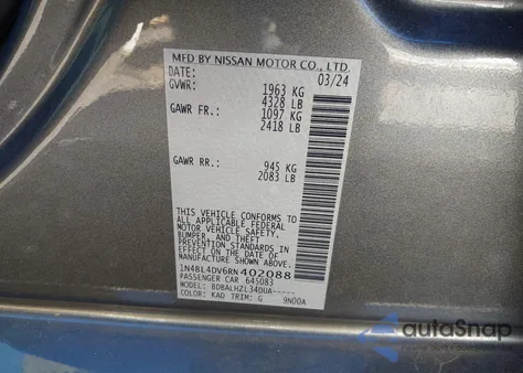 2024 Nissan Altima Sv Fwd из США, поврежденный, VIN 1N4BL4DV6RN402088